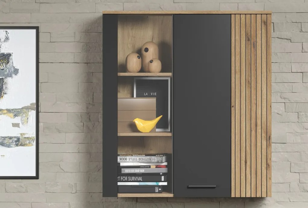 Závesná vitrína na stenu Esteban, antracit/dub evoke