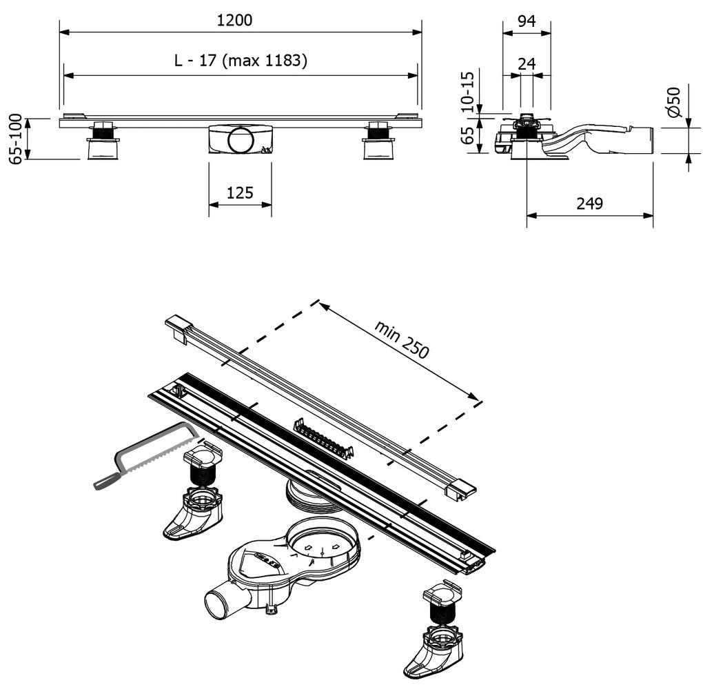 Polysan, SLIM SPRING nerezový sprchový kanálik s roštom, 250-1200mm, SV120