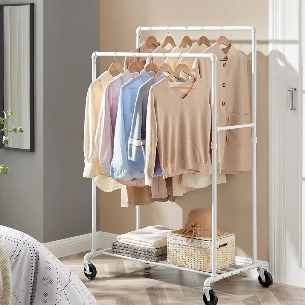 Stojan na šaty s kolieskami, dvojitými tyčami, kovový, biely