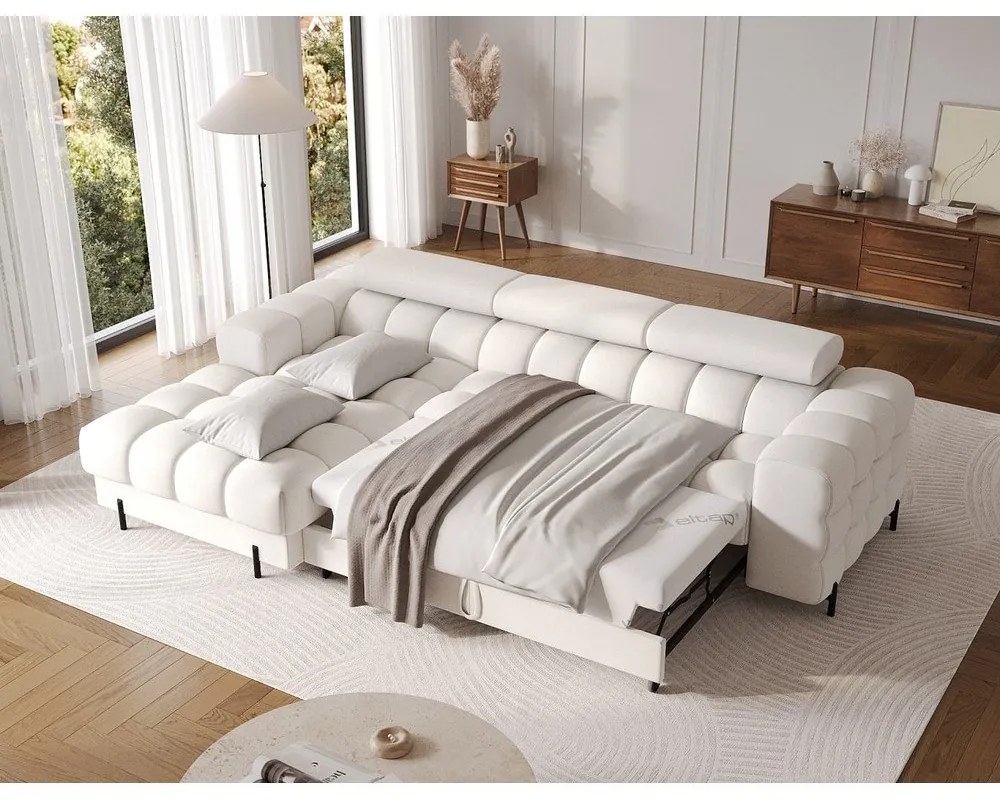 Krémovobiela rozkladacia/s úložným priestorom rohová pohovka z textílie buklé (ľavý roh/s leňoškou) Felro – ELTAP