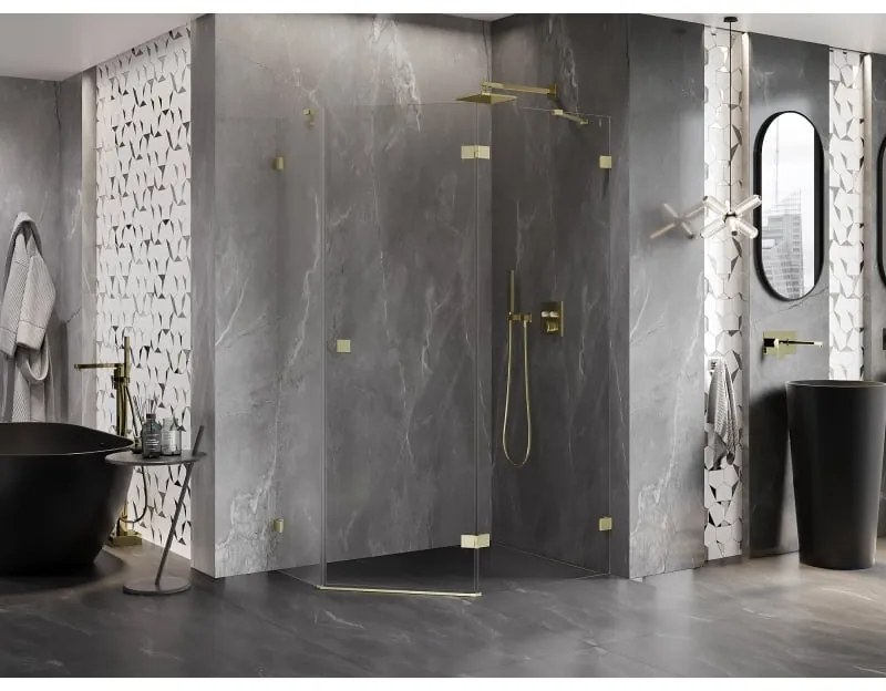 Mexen Lunar, päťuholníkový sprchový kút s pravým sklonom 90 x 80 cm, 8mm číre sklo, zlatý matný profil, 831-090P-080L-55-00-P