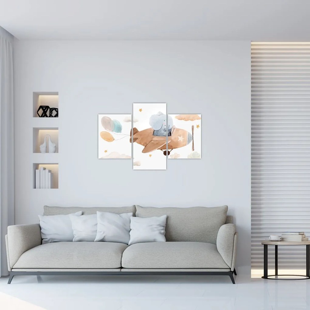 Obraz - Akvarelový slon v lietadle (90x60 cm)