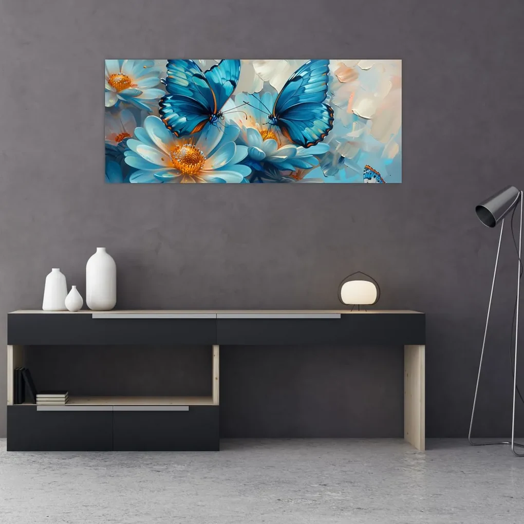 Obraz - Modrí motýle (120x50 cm)