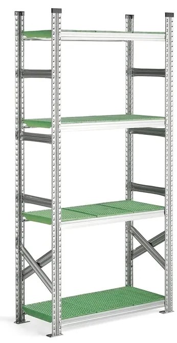 Regál na potraviny TRANSFORM, základná sekcia, 1972x900x400 mm, zelený