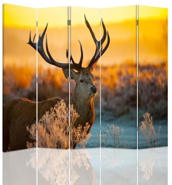 Ozdobný paraván Západ slunce s jelenem - 180x170 cm, päťdielny, klasický paraván