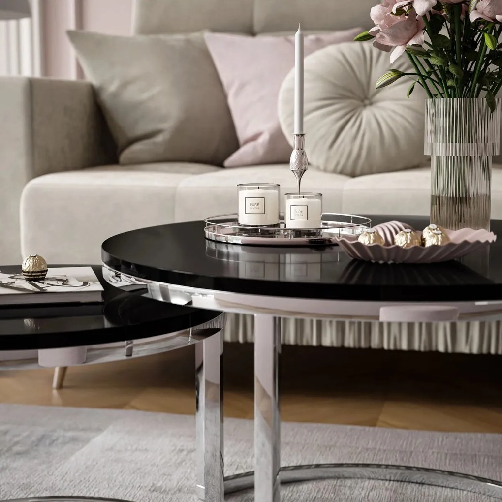 OKRÚHLY KONFERENČNÝ STOLÍK LEONARDO 2 v 1 ČIERNY LESK + CHRÓM