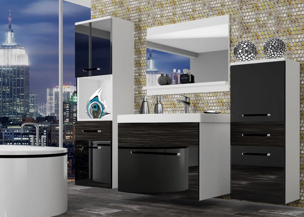 Kúpeľňový nábytok Belini čierny lesk / eben kráľovský + umývadlo + zrkadlo  ROD PM 5/0/W/BHK/0/ZW