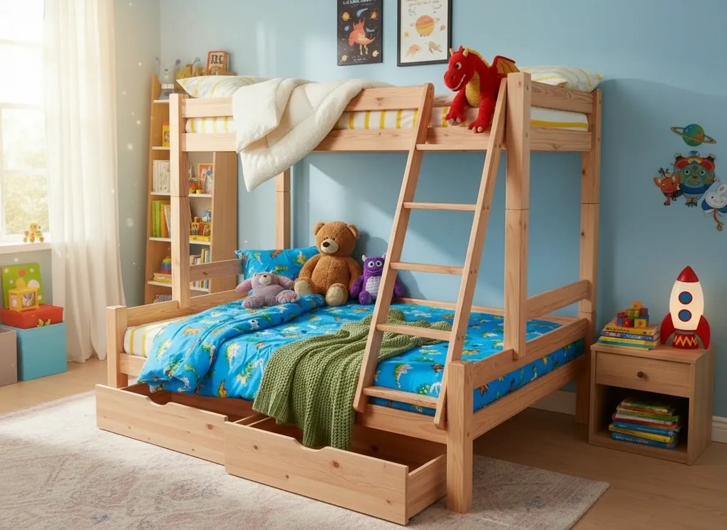 Detská poschodová posteľ s rozšíreným spodným lôžkom z MASÍVU 200x90cm so šuplíkmi PAVLÍNA