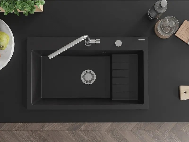 Mexen Omar žulový kuchynský drez s 1 komorou 800 x 480 mm, čierny, chrómový sifón - 6520801005-77
