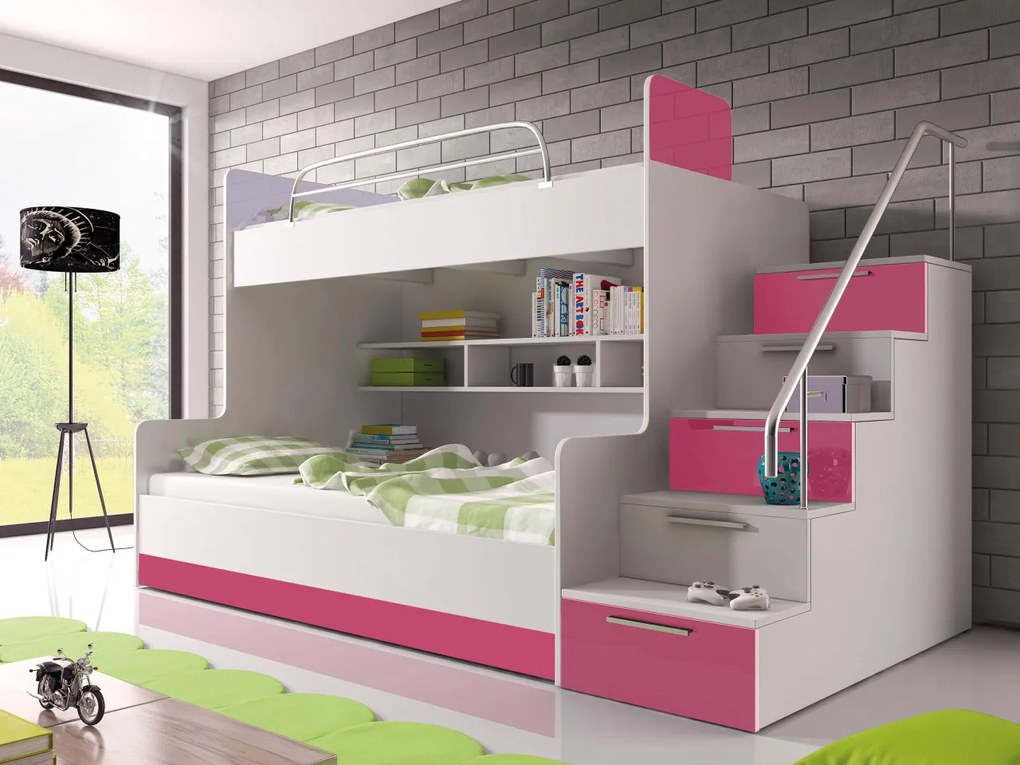 Poschodová posteľ Paradise II, Farby: biela / biely lesk + šedý lesk, Strana: ľavá