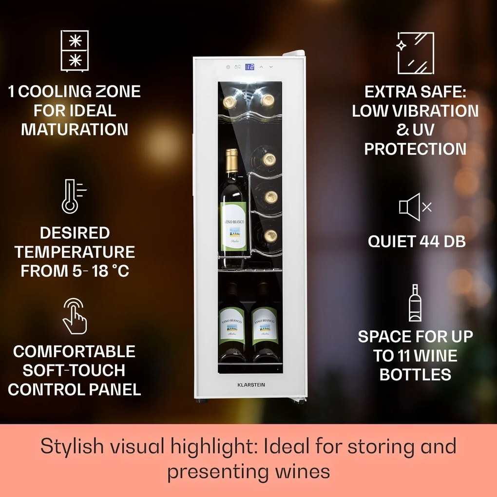 Klarstein Shiraz 12 Slim, vinotéka, 32 l, 12 fliaš, 85 W, 5–18°C, dotykový ovládací panel