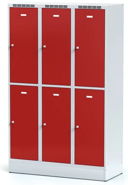 Alfa 3 Šatníková skrinka S6 na sokli s úložnými boxami, 6 boxov, 1920 x 1200 x 500 mm, otočný zámok, červené dvere