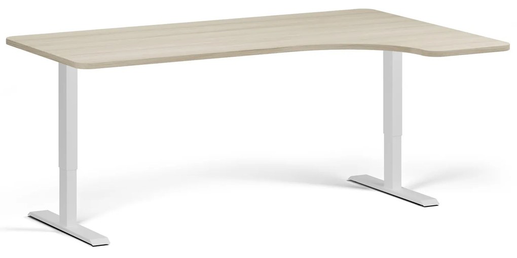 Rohový výškovo nastaviteľný stôl, 180x120 cm, 1 motor, L/P, biela podnož, dub prírodný