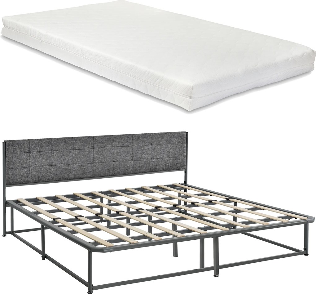 [en.casa]® Kovová manželská posteľ - s roštom a matracom - 180 x 200 cm - sivý rám