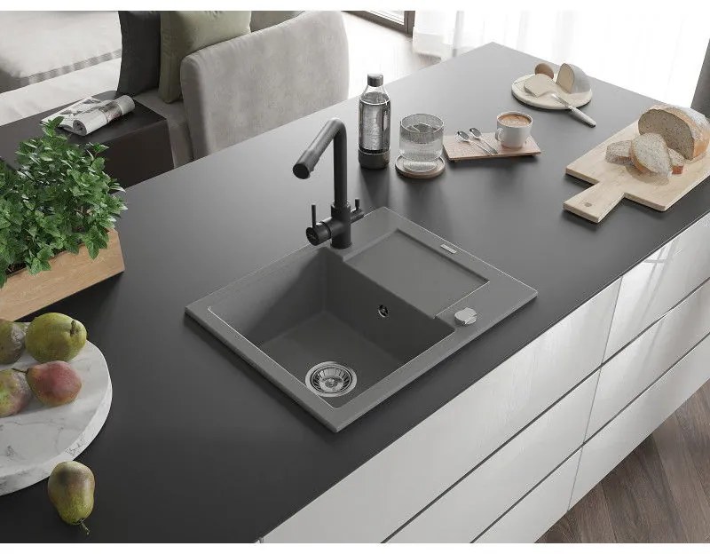 Mexen Enzo, granitový drez 576x465x174 mm, 1-komorový, čierna matná batéria Duero, šedá, 6506-71-671600-70