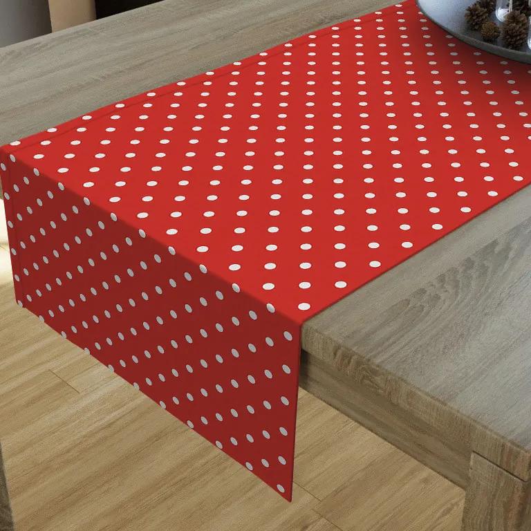 Goldea dekoračný behúň na stôl loneta - vzor biele bodky na červenom 20x140 cm