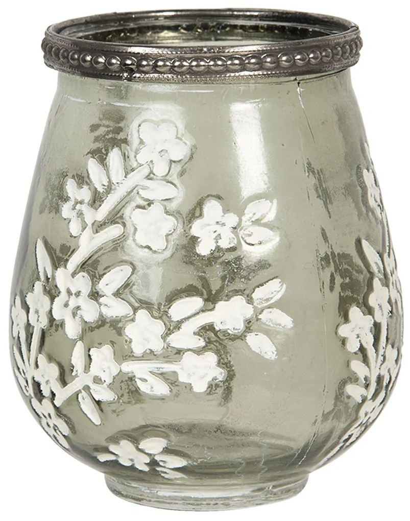 Zelený sklenený svietnik s bielymi kvetmi - Ø 9 * 11 cm