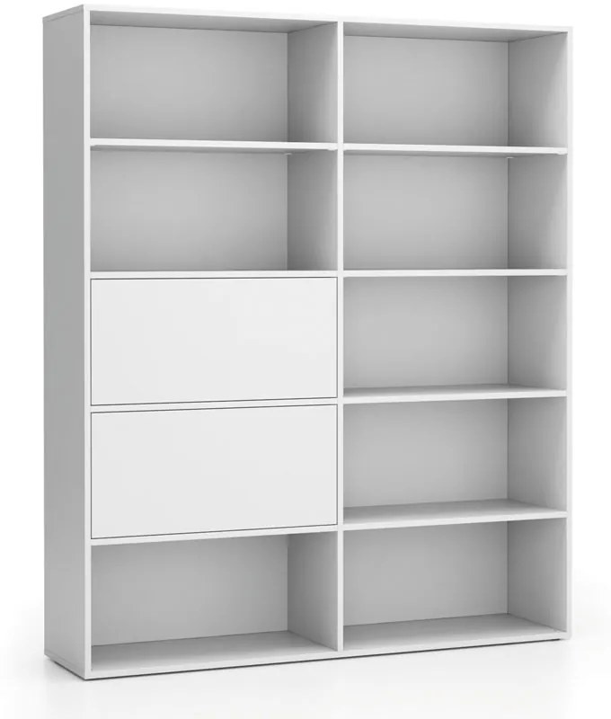 Široký kancelársky policový regál LAYERS, 2 boxy, 1582 x 400 x 1905, biela