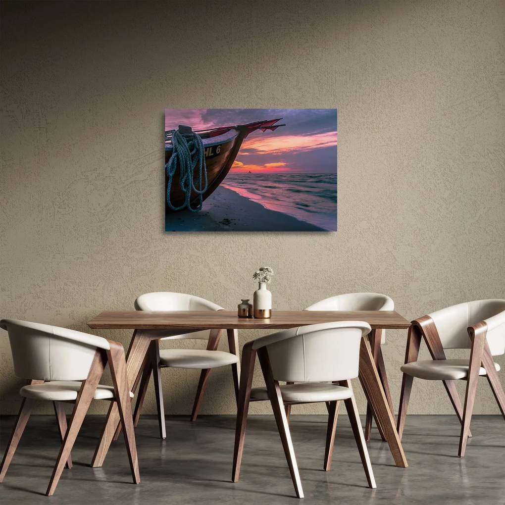 Sklenený obraz loďky na brehu (70x50 cm)