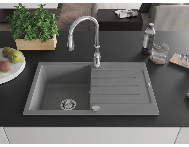 Mexen Bruno, 1-komorový granitový drez 795x495x200 mm a drezová batéria Savita, šedá, 6513-71-672601-00