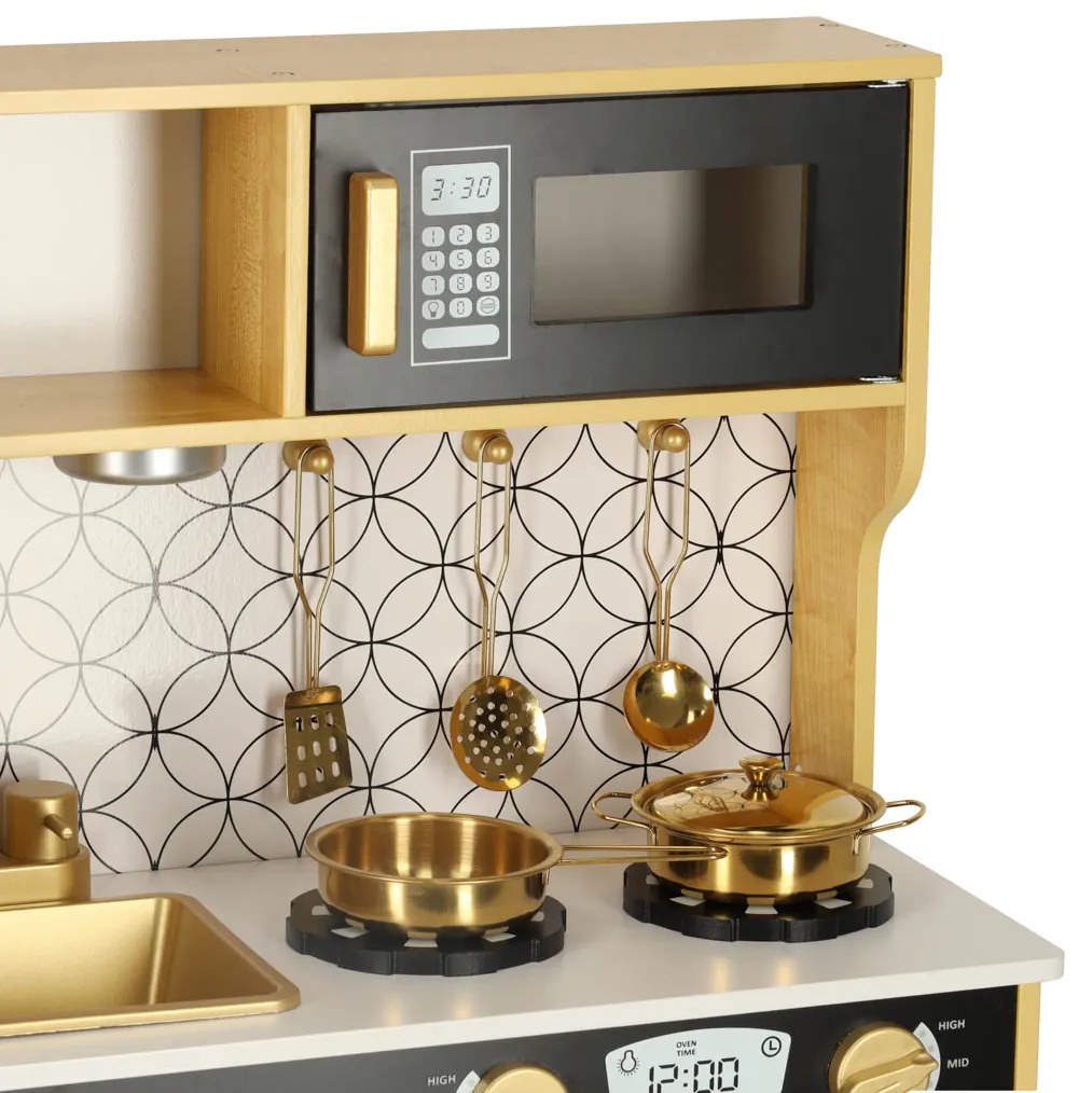 KIK Detská drevená kuchynka so svetlom a zvukom, chladnička, zlatá, 3+