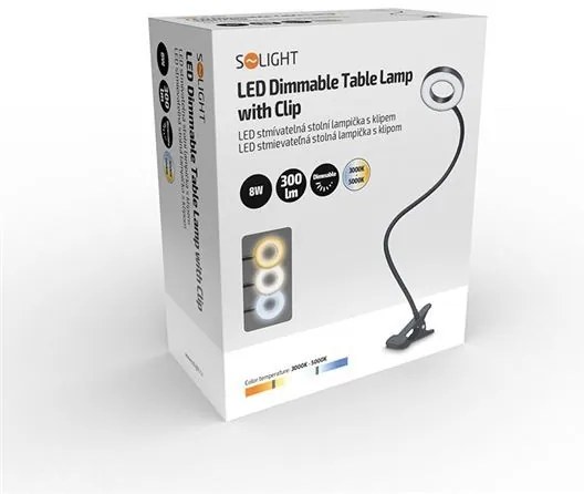 SOLIGHT LED stmievateľná stolná lampička s klipom, 300lm, nastaviteľná teplota svetla, USB, WO66-B