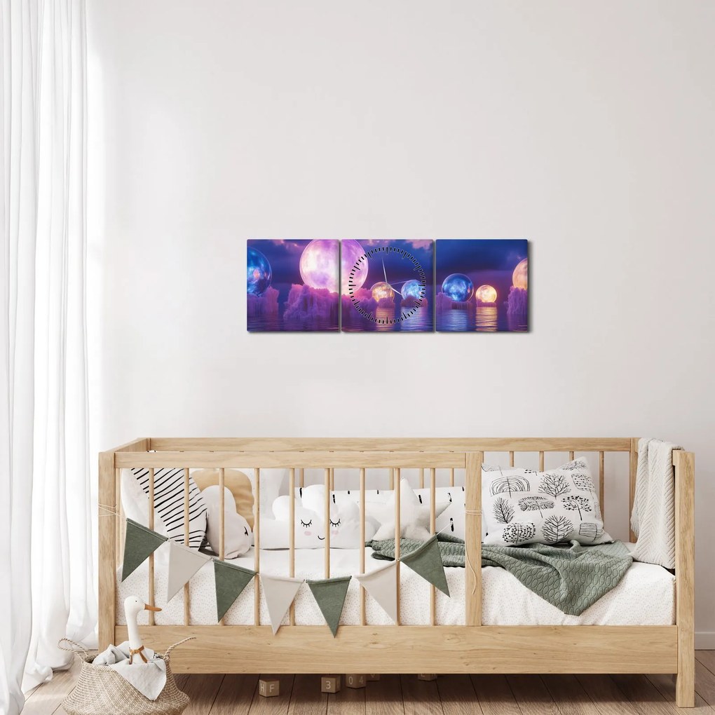 Obraz - Planéty na vode (s hodinami) (90x30 cm)