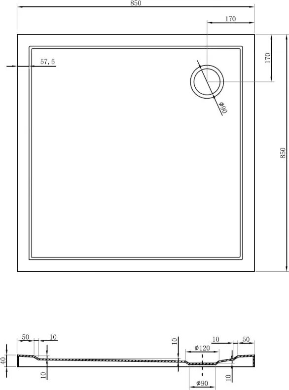 Mexen Flow Slim, štvorcová sprchová vanička 85 x 85 cm, biela lesklá, 46S108585