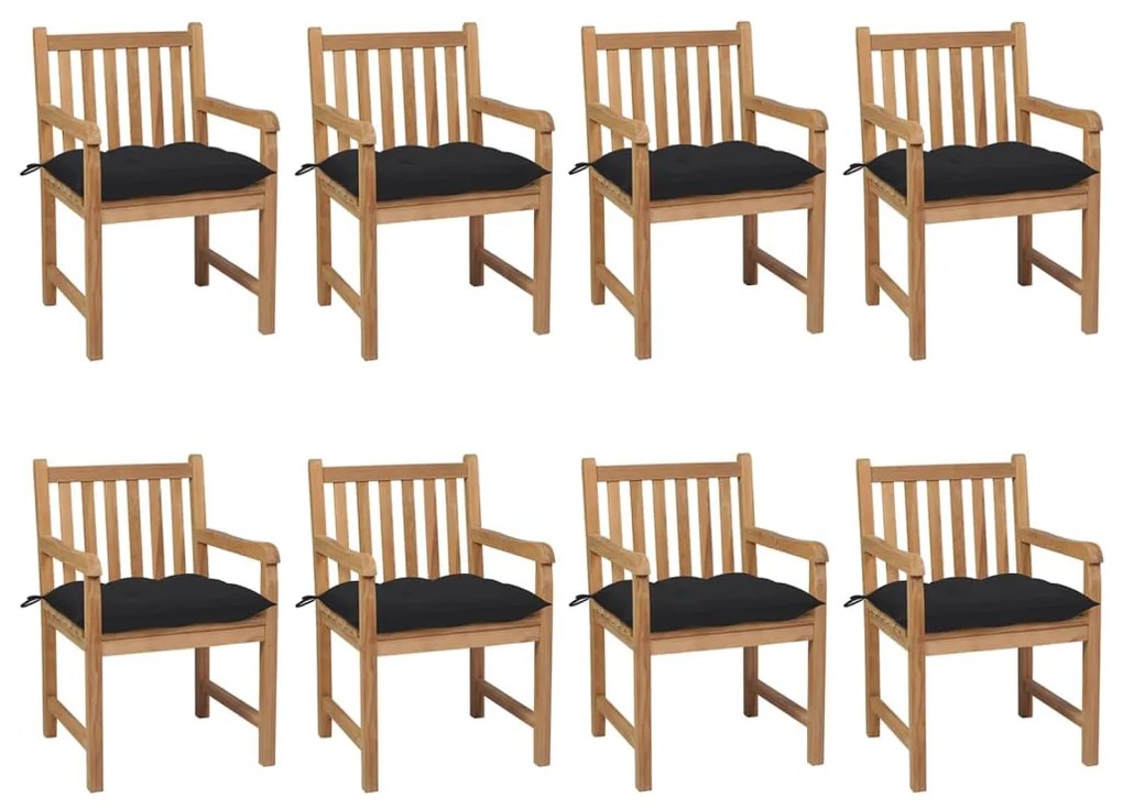 vidaXL Záhradné stoličky 8 ks s čiernymi podložkami tíkový masív