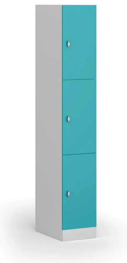 Šatníková skrinka S1 s úložnými boxmi, 3 boxy, 1850 x 300 x 500 mm, demont, otočný zámok, zelené dvere