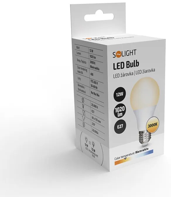 SOLIGHT LED žiarovka klasický tvar A60 12W, E27, 3000K, 270 °, 1020lm