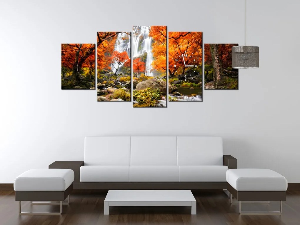 Gario Obraz s hodinami Jesenný vodopád - 5 dielny Rozmery: 150 x 105 cm