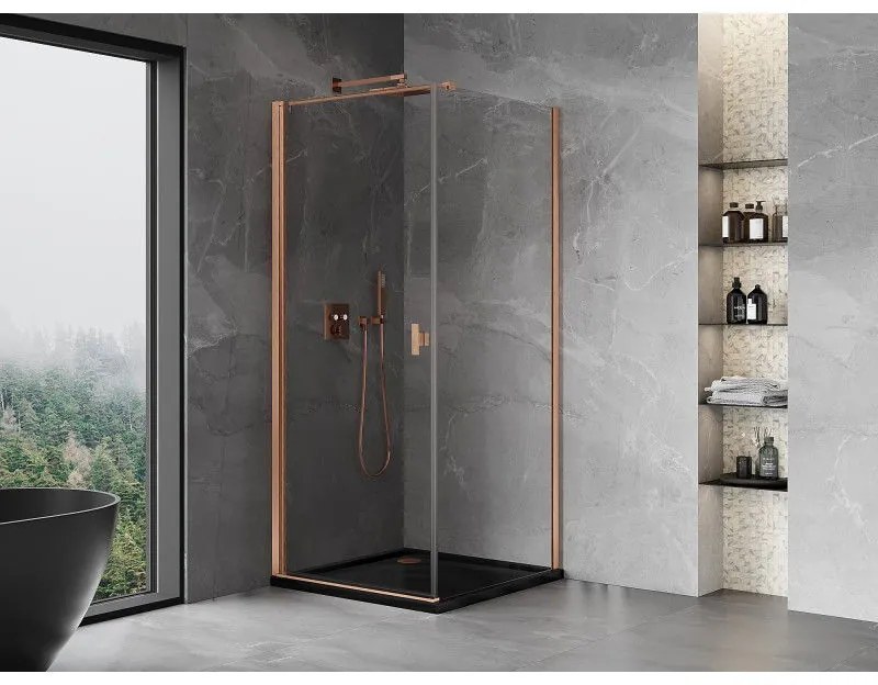 Mexen Mist-B, 1-krídlový výklopný sprchový kút 85 x 85 cm, číre sklo, medený matný profil, 8A2T-085-085-65-00