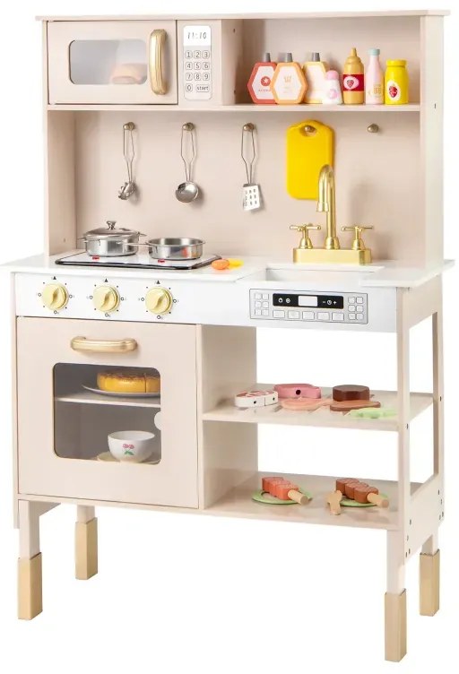 Hracia kuchynka Výškovo nastaviteľná drevená kuchynská súprava so svetlami a zvukmi Mikrovlnná rúra Drez Rúra Žltá