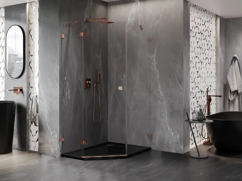 Mexen Lunar, Päťuholníkový sprchový kút Mexen Lunar s výklopným ľavým oknom 80 x 100 cm, 8mm číre sklo, profil ružové zlato, 831-080L-100P-60-00-L