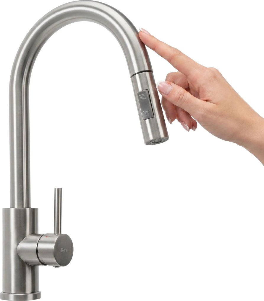 Rea Fresh Touch, vysoká kuchynská batéria s výsuvnou 2-funkčnou spŕškou, brúsená oceľ, REA-B6735