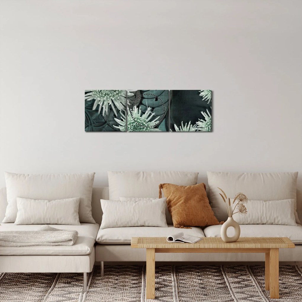 Obraz - Zelené kvety (s hodinami) (90x30 cm)