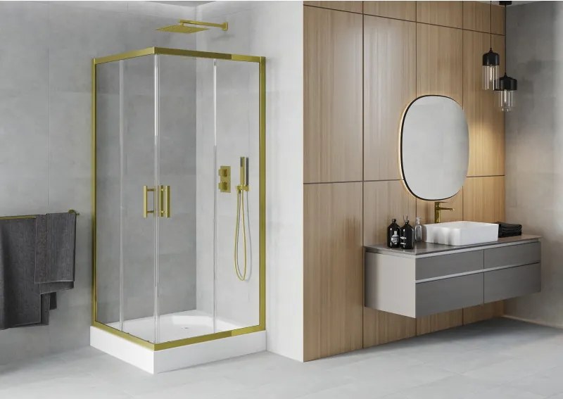 Mexen Rio, štvorcový sprchovací kút s posuvnými dverami 90(dvere) x 90(dvere) x 190 cm, 6mm číre sklo, zlatý profil + biela sprchová vanička RIO, 860-090-090-50-00-4510