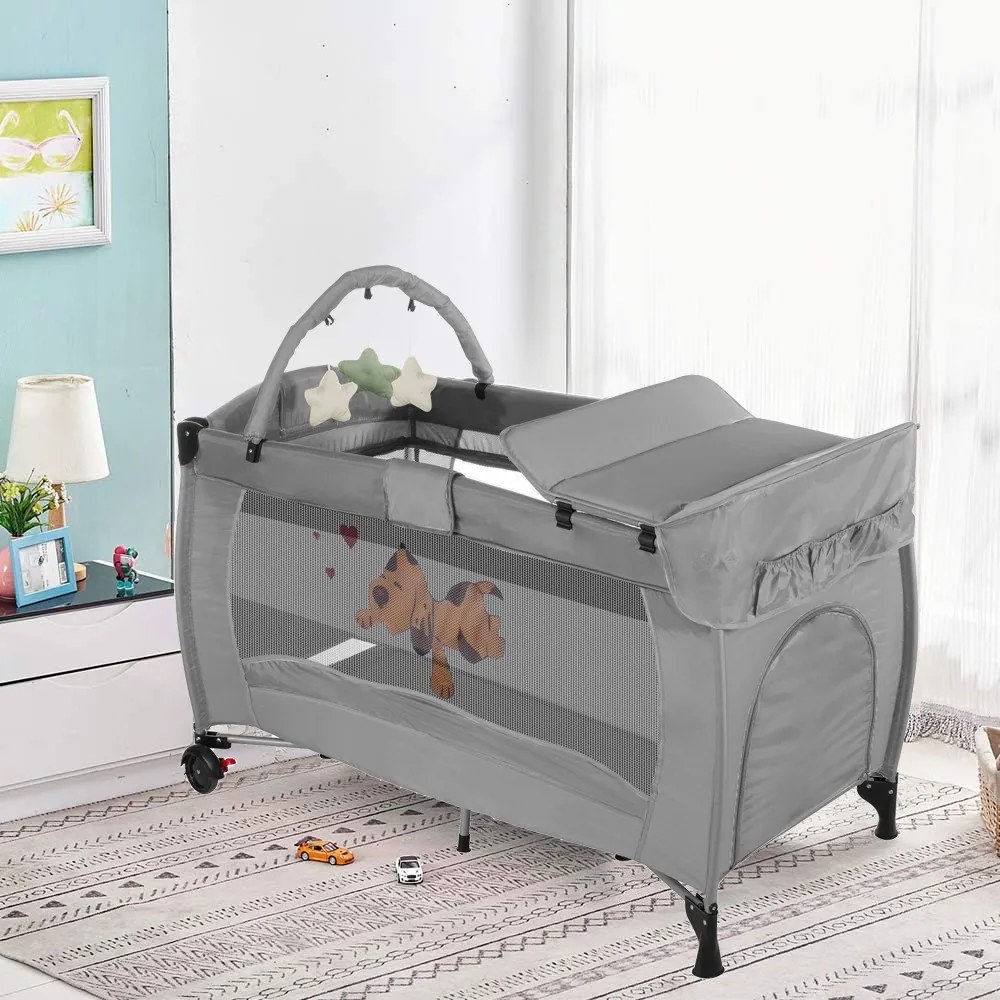 Cestovná postieľka s prebaľovacou podložkou a hracím oblúkom, sivá