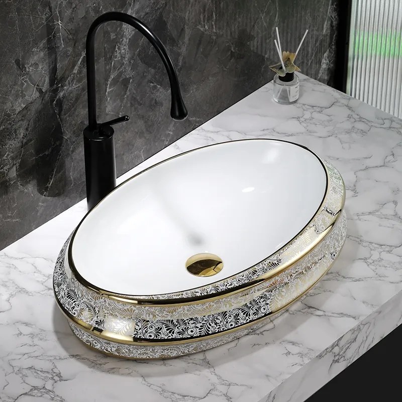BPS-koupelny Keramické umývadlo na dosku HYD-YO-WH-MOD5-GL-600 60x40 cm, biele/zlatý dekor