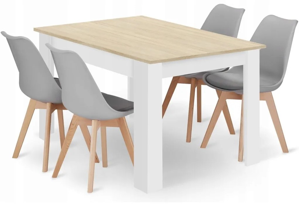 Jedálenská zostava stôl Dub sonoma 120 X 80 biele nohy + 4 stoličky MARK sivé / prírodné nohy