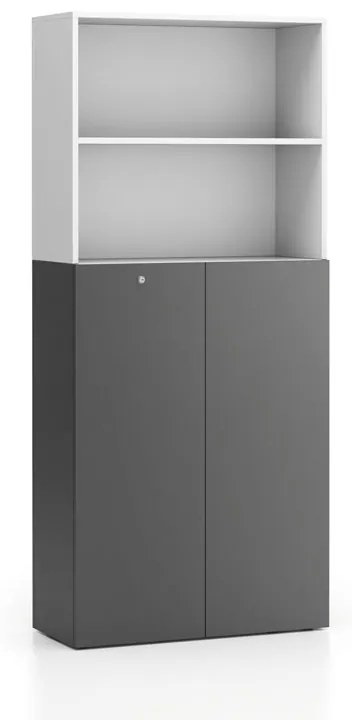 Kancelárska policová skriňa 2-dverová SEGMENT, uzamykateľná, 4 police, 840 x 370 x 1880 mm, biela / grafitová