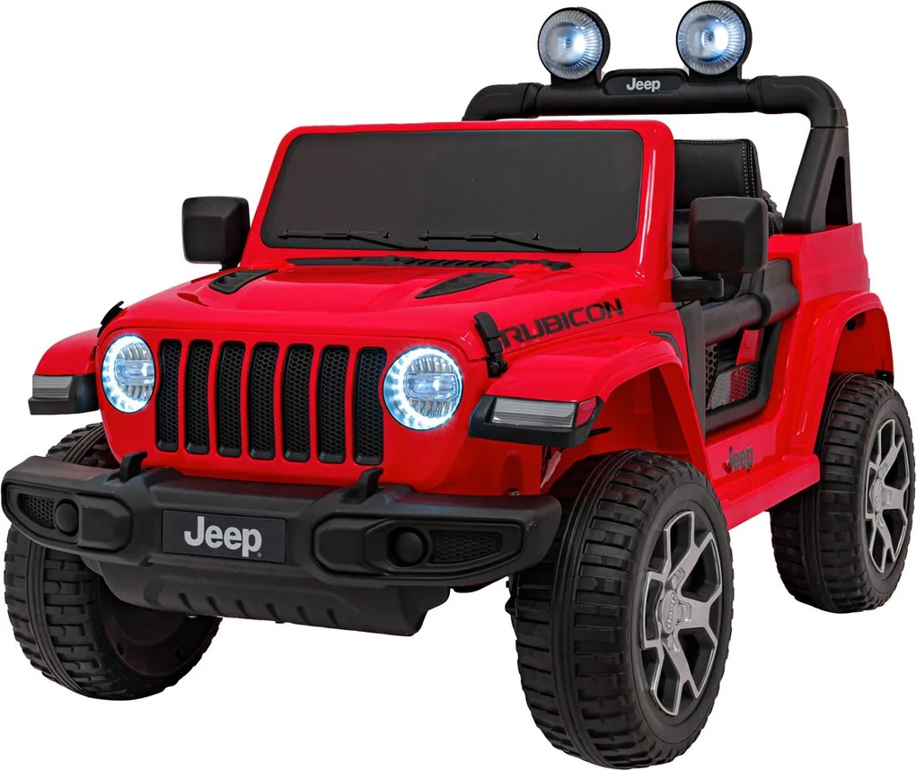 Ramiz Jeep Wrangler Rubicon na batérie pre deti červený + diaľkové ovládanie + rádio MP3 LED + kolesá EVA