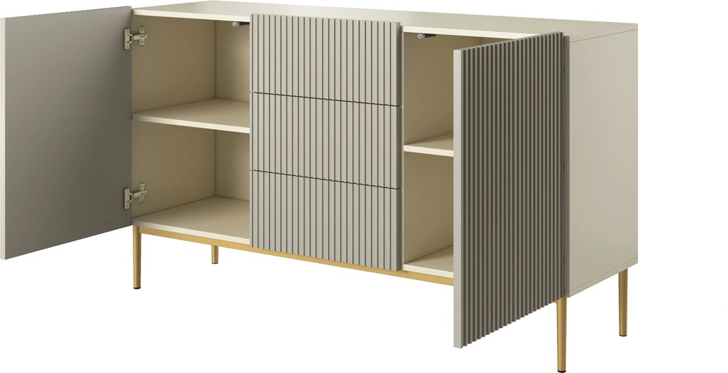 Komoda Nicole 150 cm so zásuvkami a ryhovaným čelom - kasmír / zlaté nožičky