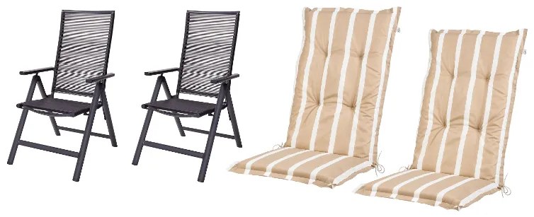 Livarno home Záhradné kreslo Miami, 2 kusy + Podložka na kreslo s vysokým operadlom Valencia/Miami, pruhy/béžová, 2 kusy (800010853)