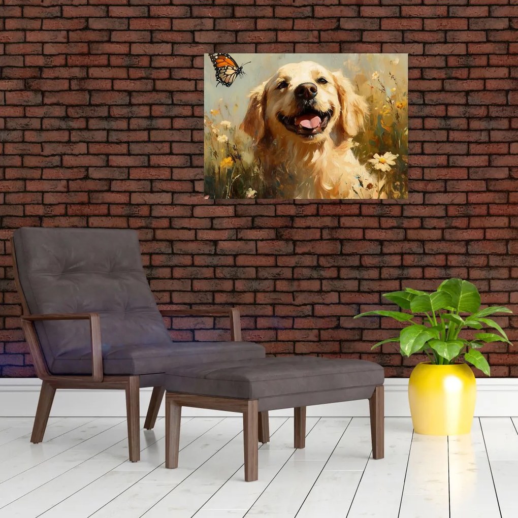 Sklenený obraz - Šťastný psík (70x50 cm)