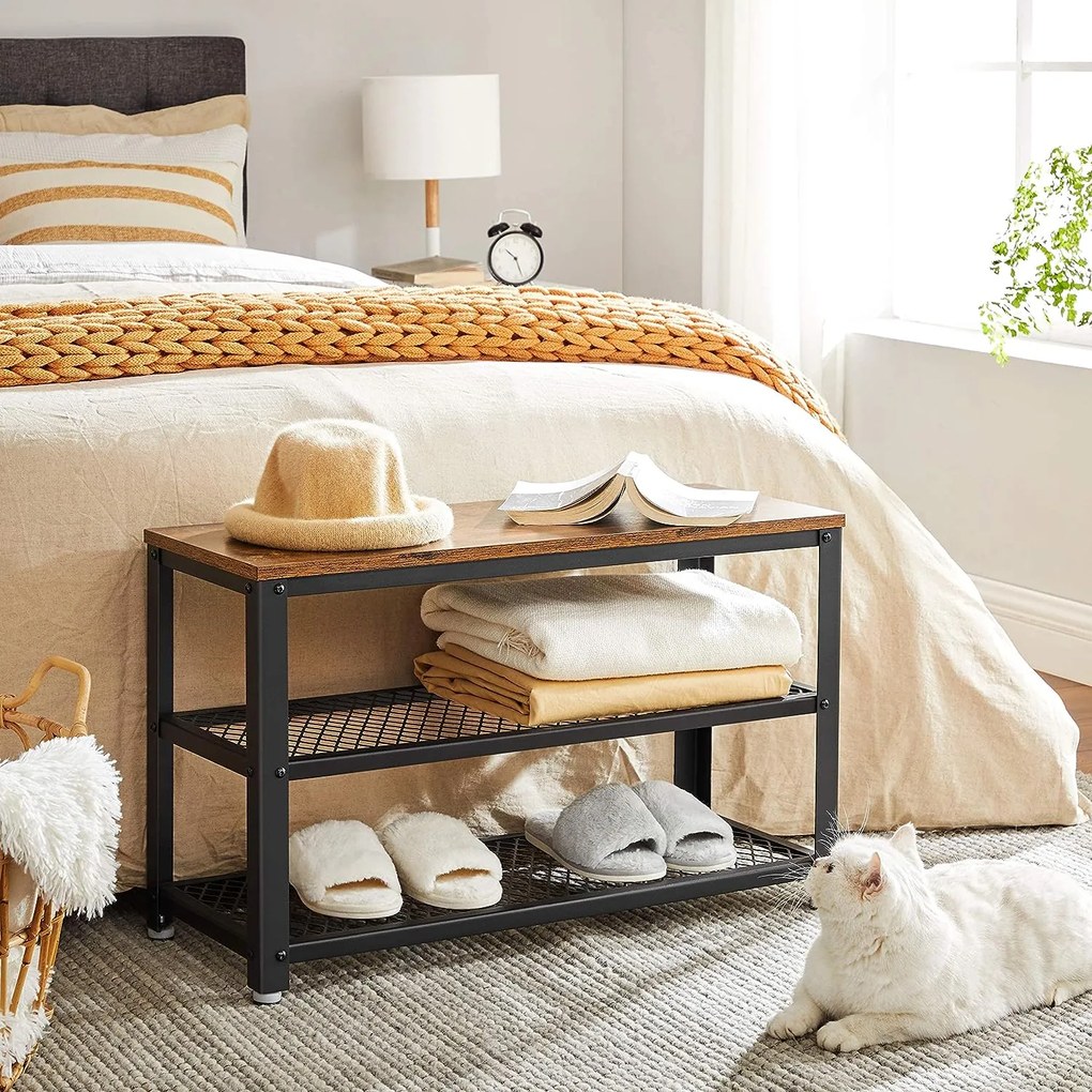 Lavica do predsiene s priestorom na topánky INDY, 73x30x45cm, hnedá/čierna Vasagle