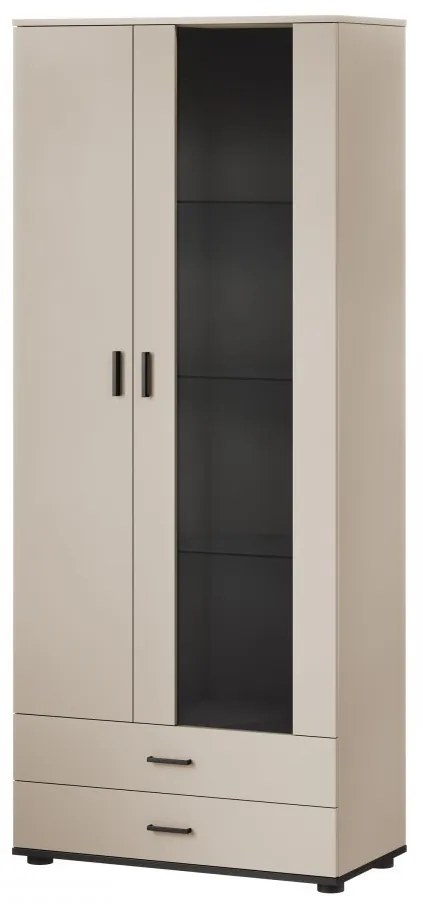 Vysoká vitrína 2D2S Boho B6, Osvetlenie: osvetlenie LED modré, Farby: čierny / čierny lesk