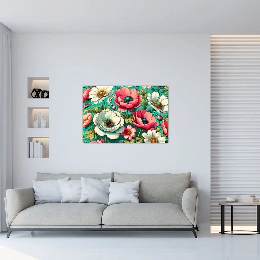 Obraz - Kvety na modrom pozadí (90x60 cm)