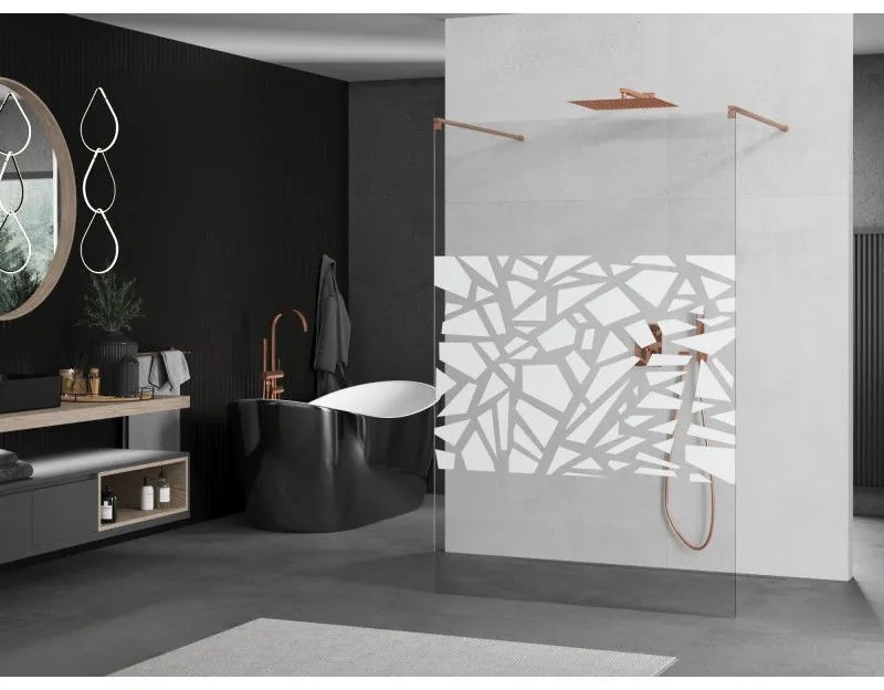 Mexen Kioto, sprchová zástena Walk-In 130 x 200 cm, 8mm číre sklo biely vzor, medený matný profil, 800-130-002-65-85